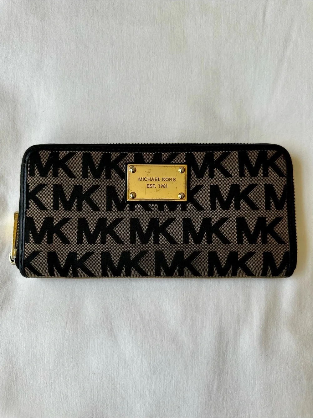 Michael Kors Black Brown MK Logo Zip Around Continental Wallet